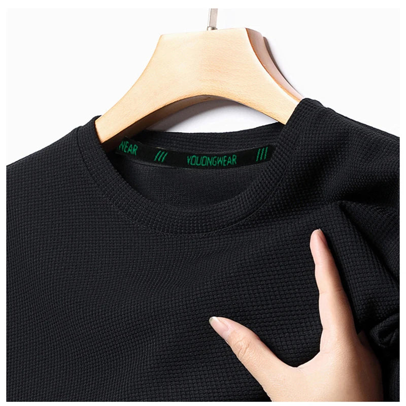 Men’s Summer Casual Waffle O-Neck Short Sleeve T-Shirt – Breathable Solid Color Fashion Tee