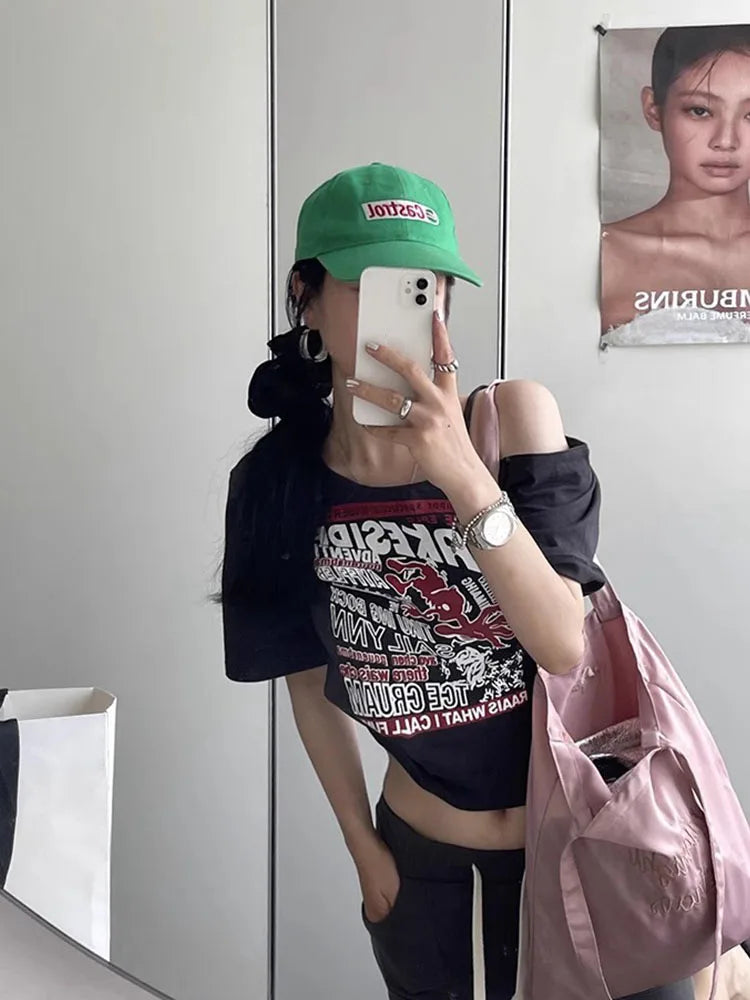 Y2K Off-Shoulder Gothic Crop Tee – Women's Letter Print Punk Streetwear Top, Grunge Aesthetic Harajuku Summer T-Shirt