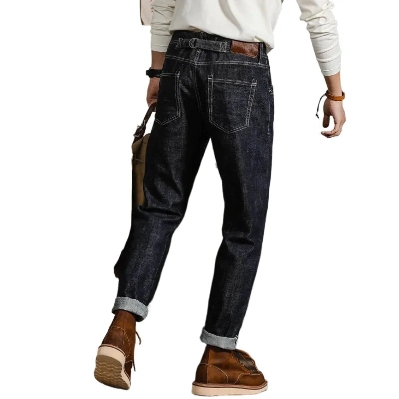 Men’s Relaxed Straight Raw Selvedge Denim Jeans – “Red Tornado” Style