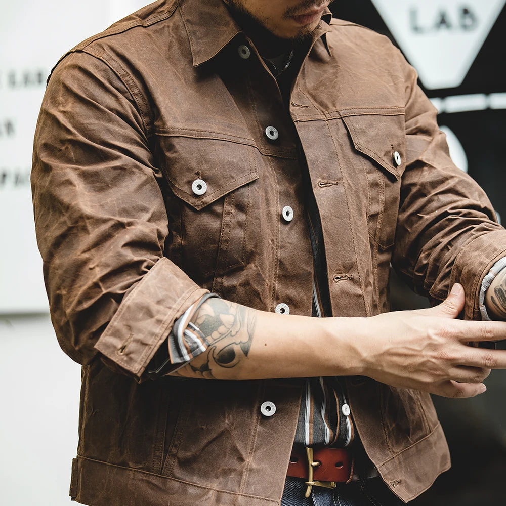 Maden Men's Retro Amekaji Style Oil-Waxed Canvas Jacket – Lightweight Military-Inspired Workwear Coat in Khaki Cotton for Casual and Safari Looks