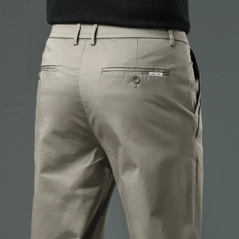 Men’s Classic Straight-Leg Cotton Trousers – 98% Cotton, Breathable Business Casual Pants with Elastic Comfort – Ideal for Spring & Summer