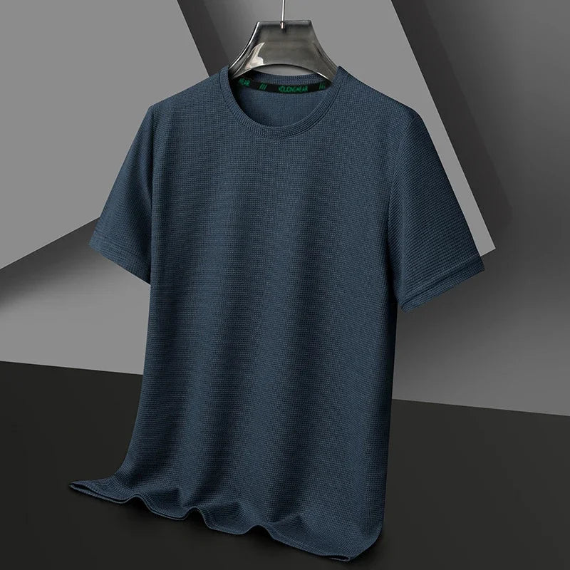 Men’s Summer Casual Waffle O-Neck Short Sleeve T-Shirt – Breathable Solid Color Fashion Tee