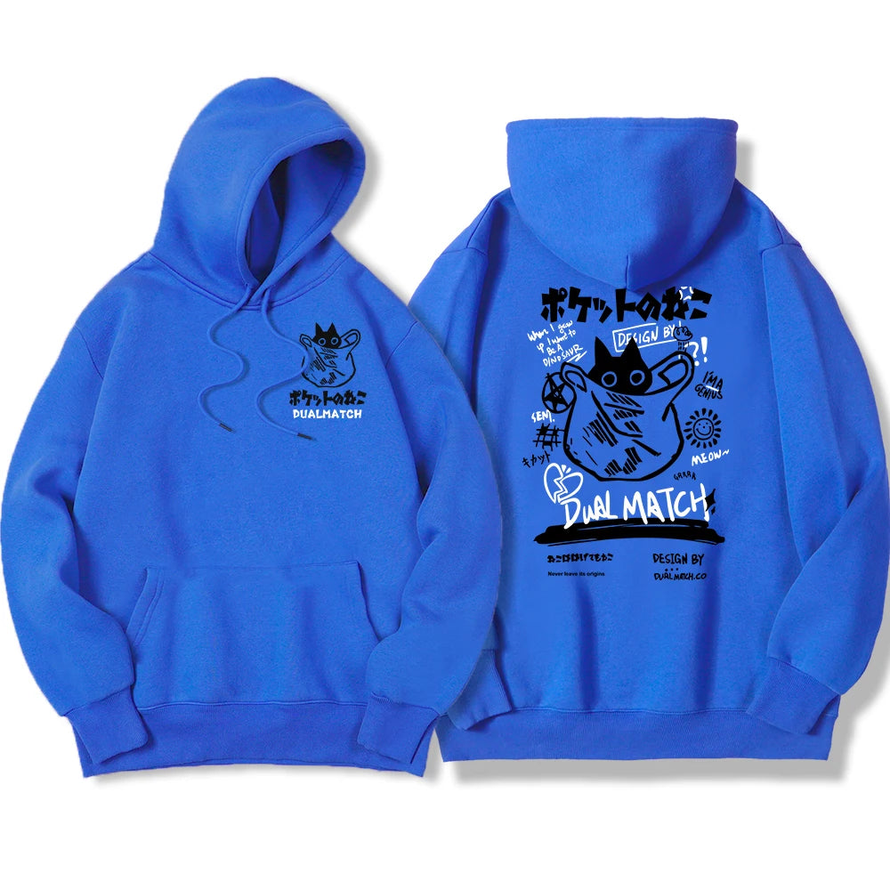 Y2K Harajuku Kawaii Cat Couple Print Hoodie – Unisex Oversized Fleece Pullover for Autumn, Warm Hip Hop Style Sweatshirt