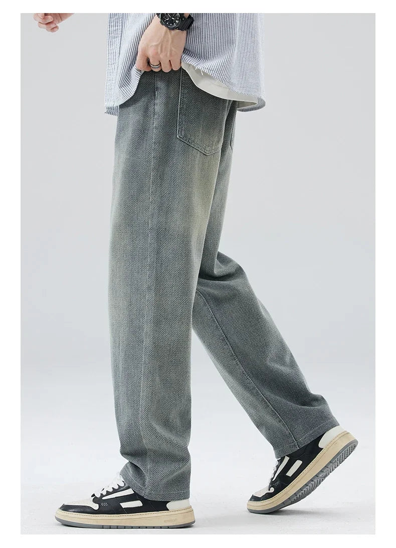 Vintage Men’s Baggy Jeans – Korean Style Starry Sky Fabric, Straight Fit Casual Denim Trousers, High Street Personalized Pants