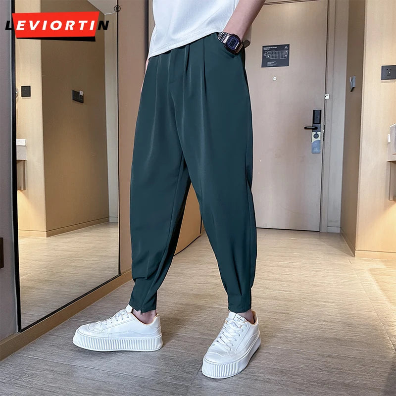 Men’s Spring & Summer Casual Solid Color Ice Silk Trousers — Korean Style Slim Ankle Pants with Zipper Detail, Smooth & Lightweight for a Handsome Look