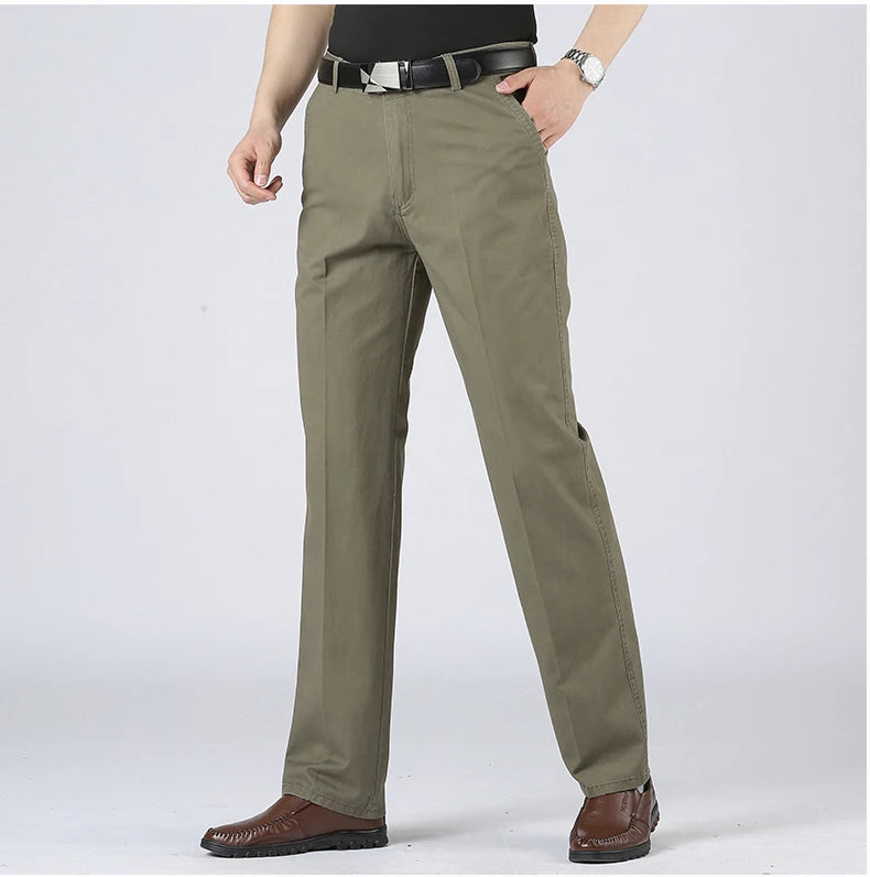 Men's Solid Cotton Straight-Leg Chino Pants – Business Casual Trousers with Belt, Ideal for Autumn & Winter – Classic Formal Style for Adults & Seniors