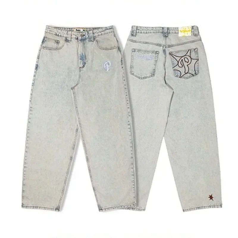 Streetwear PROTECT Embroidered Jeans for Men – Y2K Vintage Blue Baggy, High Waist, Wide Leg Harajuku Hip Hop Pants