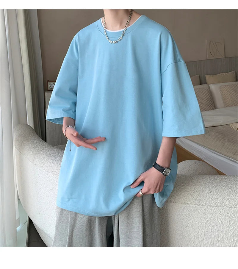 Men’s Oversized White Cotton T-Shirt – Solid Color Summer Casual Fashion Tee, Size up to 5XL