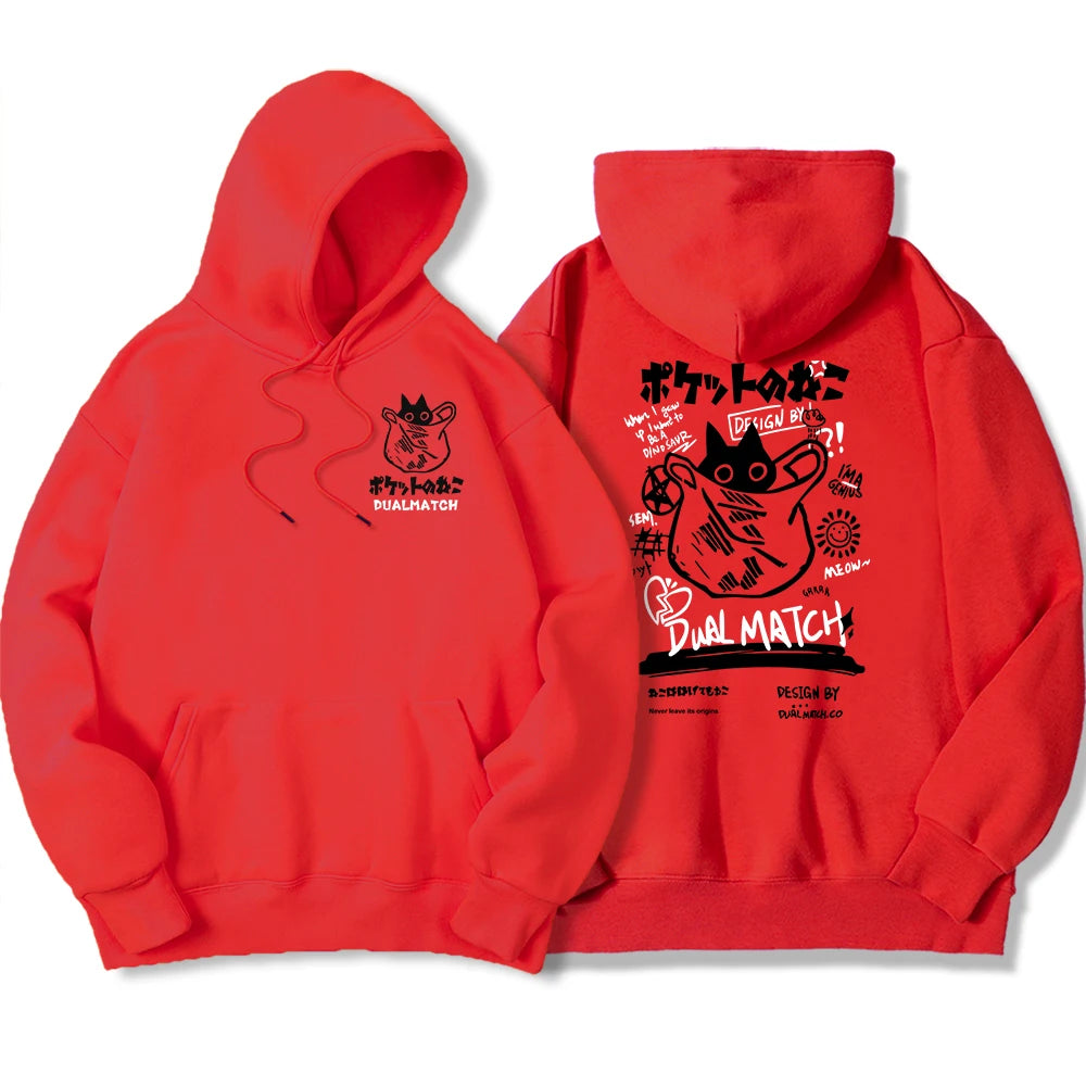 Y2K Harajuku Kawaii Cat Couple Print Hoodie – Unisex Oversized Fleece Pullover for Autumn, Warm Hip Hop Style Sweatshirt