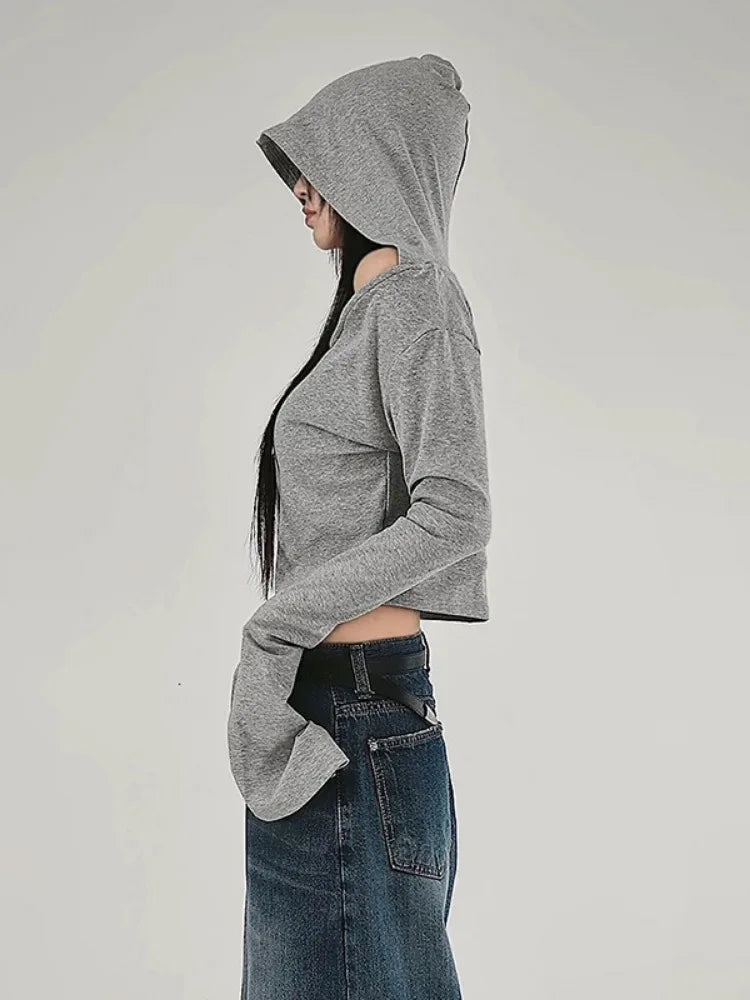 Y2K Aesthetic Women's Hooded Crop Top – Casual Streetwear Slim Fit Off-Shoulder Long Sleeve Tee with Grunge Style