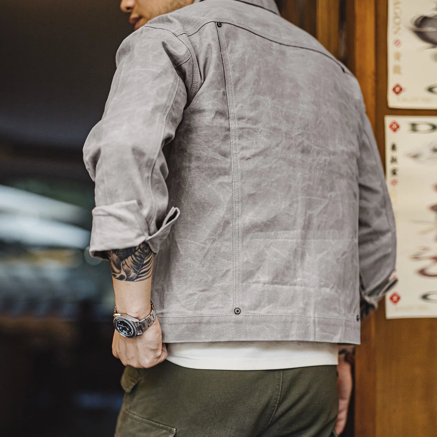 Maden Men's Vintage Grey Canvas Oil-Waxed Waterproof Hunting Jacket with Double Pleats and Patch Pockets for Autumn