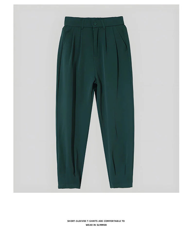Men’s Spring & Summer Casual Solid Color Ice Silk Trousers — Korean Style Slim Ankle Pants with Zipper Detail, Smooth & Lightweight for a Handsome Look