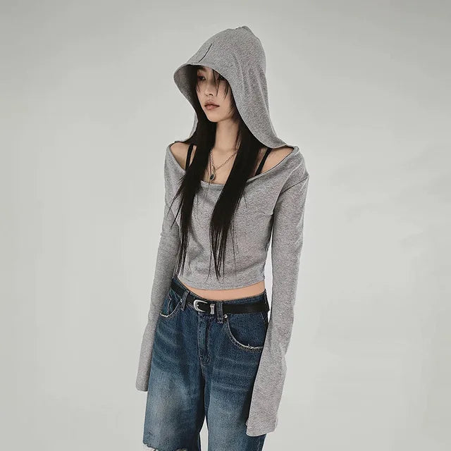 Y2K Aesthetic Women's Hooded Crop Top – Casual Streetwear Slim Fit Off-Shoulder Long Sleeve Tee with Grunge Style