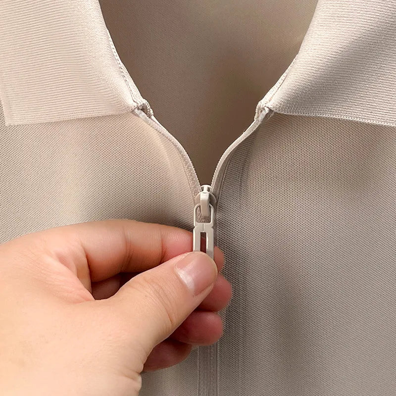 Men’s Slim Fit Half-Zip Polo Shirt – Light Beige Stretch Cotton Casual Top with Classic Collar