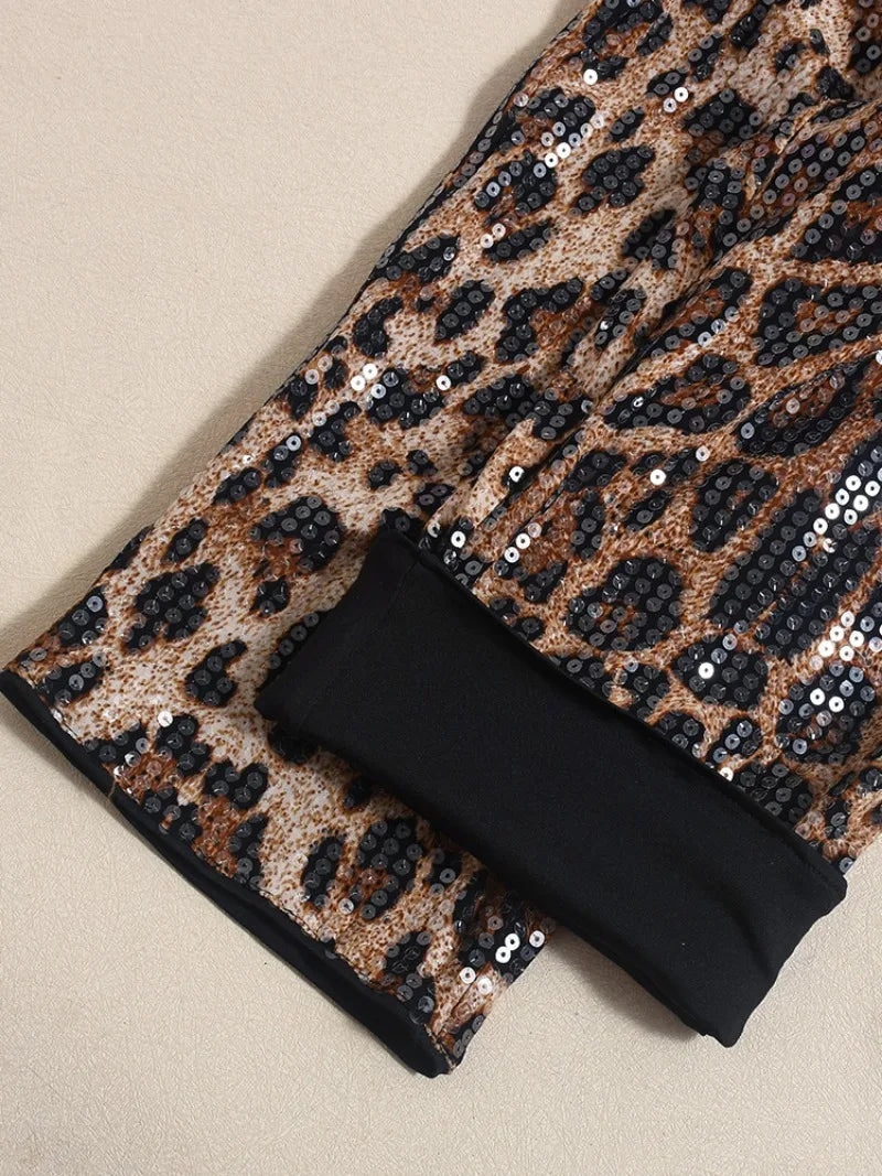 Women's Leopard Print Sequin Shorts – Sexy Knee-Length Clubwear, Slim Fit Party Pants for Evening & Street Style 