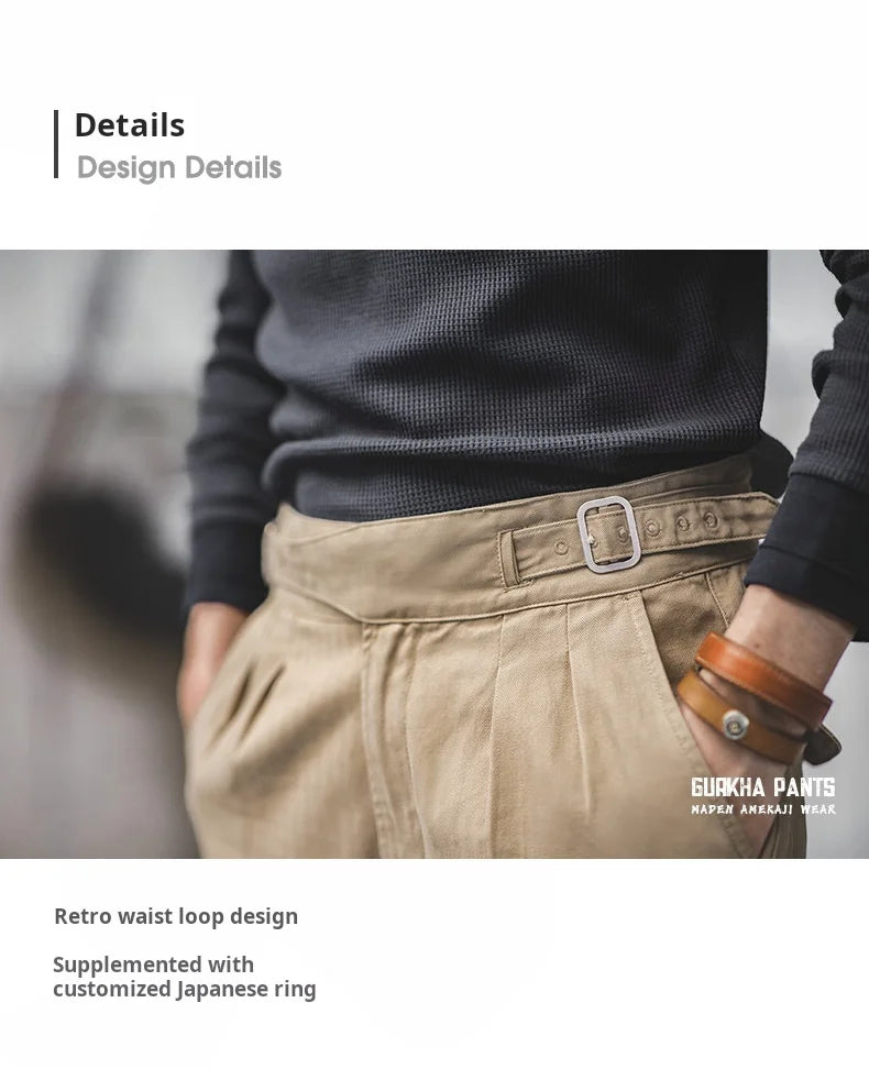 Classic Vintage Khaki Gurkha Pants for Men – Adjustable High Waist Casual Cargo Trousers for Spring and Fall