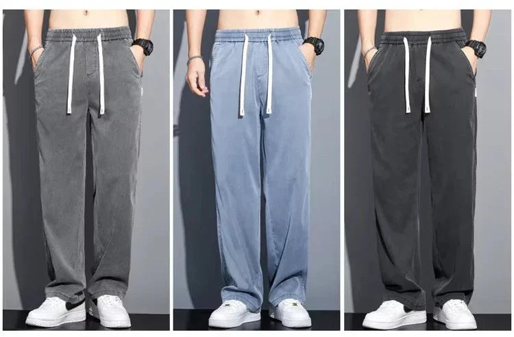 2025 Summer Men's Lightweight Lyocell Jeans – Loose Fit, Straight-Leg Casual Pants with Elastic Waist and Drawstring, Korean Style 