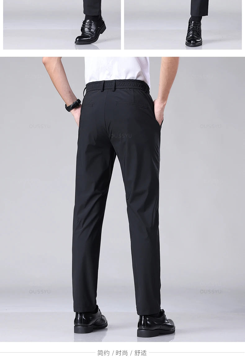 Men's Summer Classic Stretch Suit Trousers – Lightweight Business Casual Pants with Elastic Waist in Black, Gray, or Blue