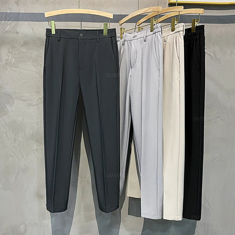 2025 Spring-Summer Men's Slim Fit Casual Business Jogger Pants with Elastic Waist, Available in Plus Sizes 40 and 42, Black