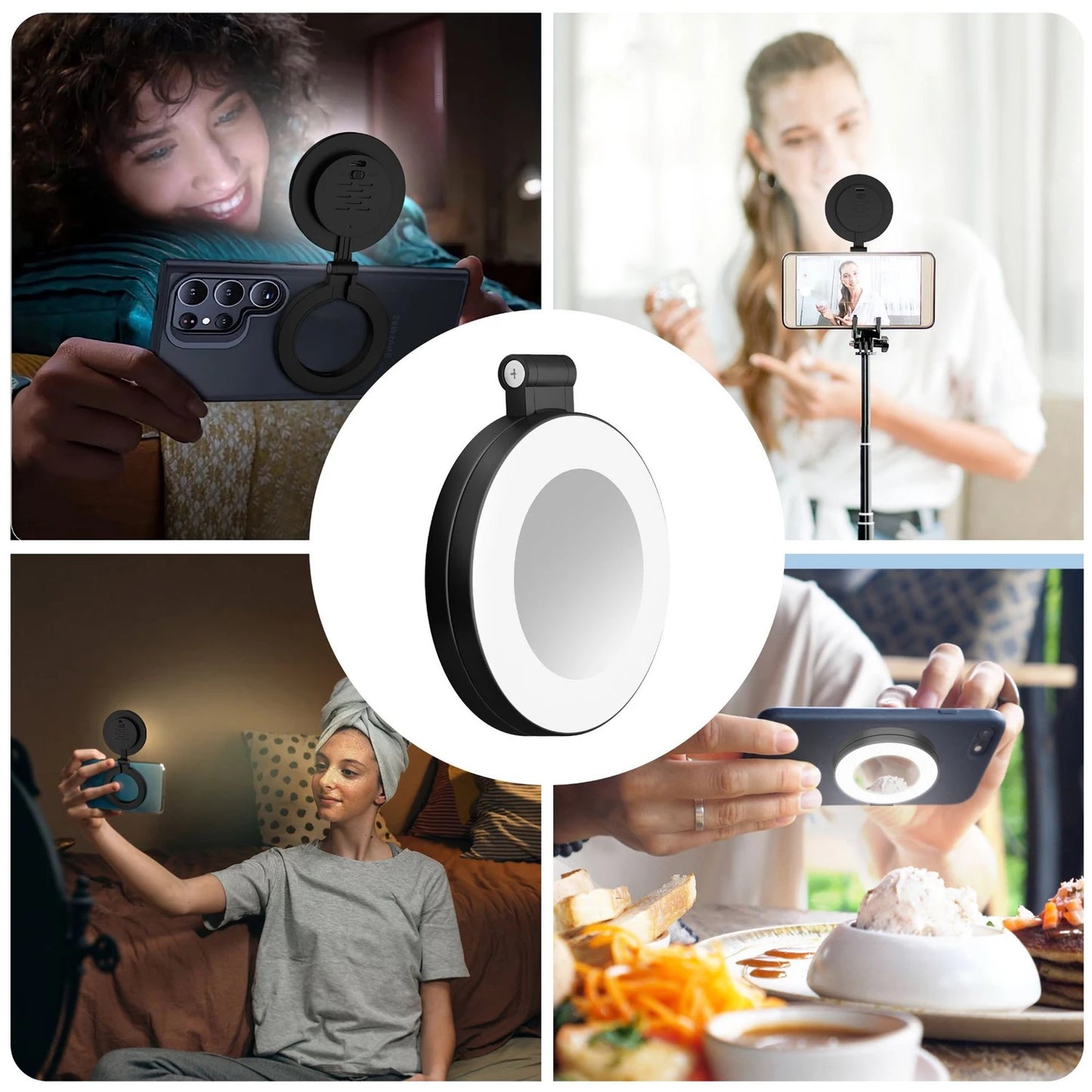 Portable Magnetic Selfie Ring Light with Built-in Mirror, Foldable 180° LED Phone Flash Compatible with MagSafe