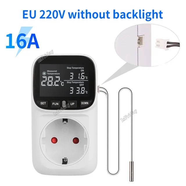 Smart Thermostat Plug with Temperature Control – 16A EU Socket, LCD Display, Timer & Sensor, 220V High-Precision