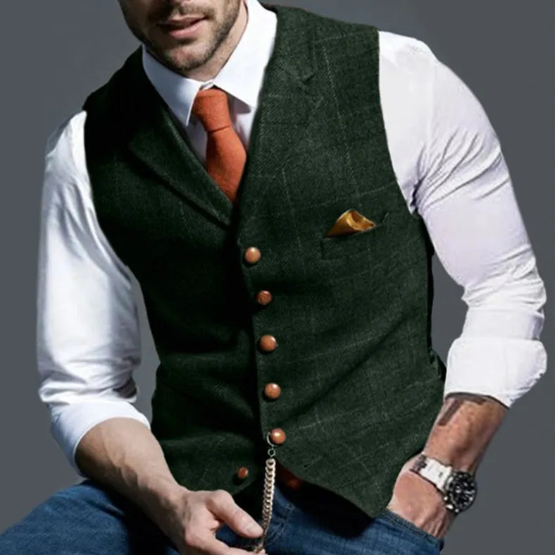 Men's Slim-Fit Plaid Suit Vest – Single-Breasted Casual Waistcoat for Spring & Autumn | European & American Commuter Style