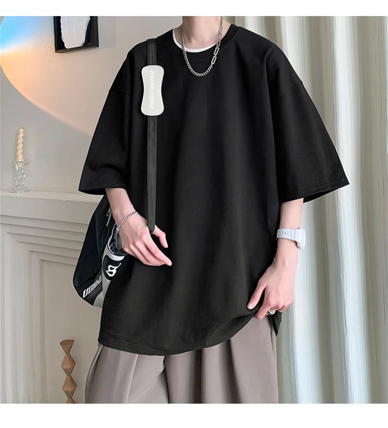 Men’s Oversized White Cotton T-Shirt – Solid Color Summer Casual Fashion Tee, Size up to 5XL