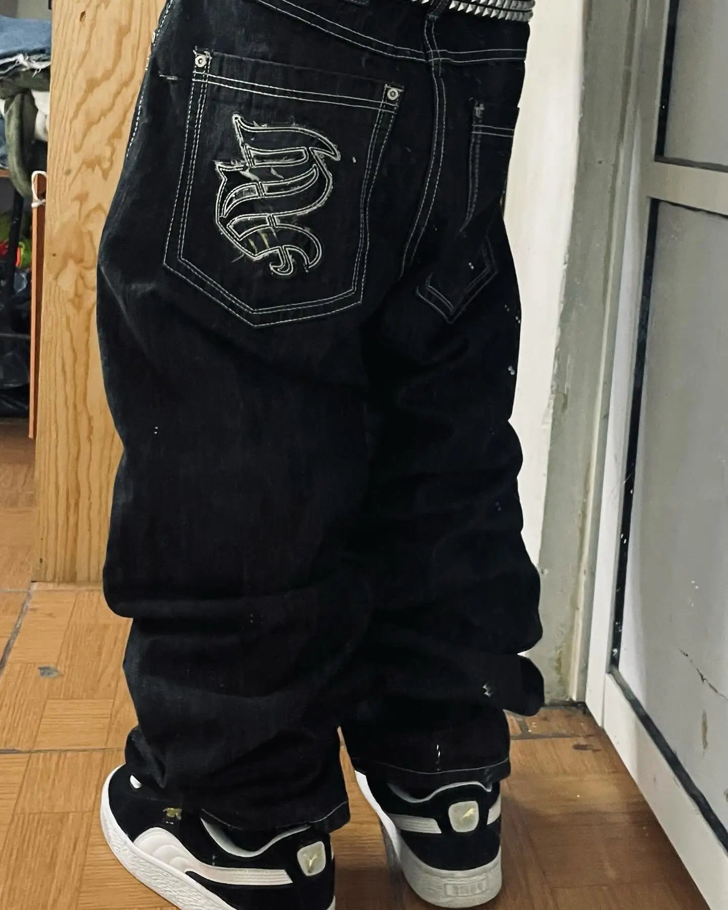Streetwear PROTECT Embroidered Jeans for Men – Y2K Vintage Blue Baggy, High Waist, Wide Leg Harajuku Hip Hop Pants