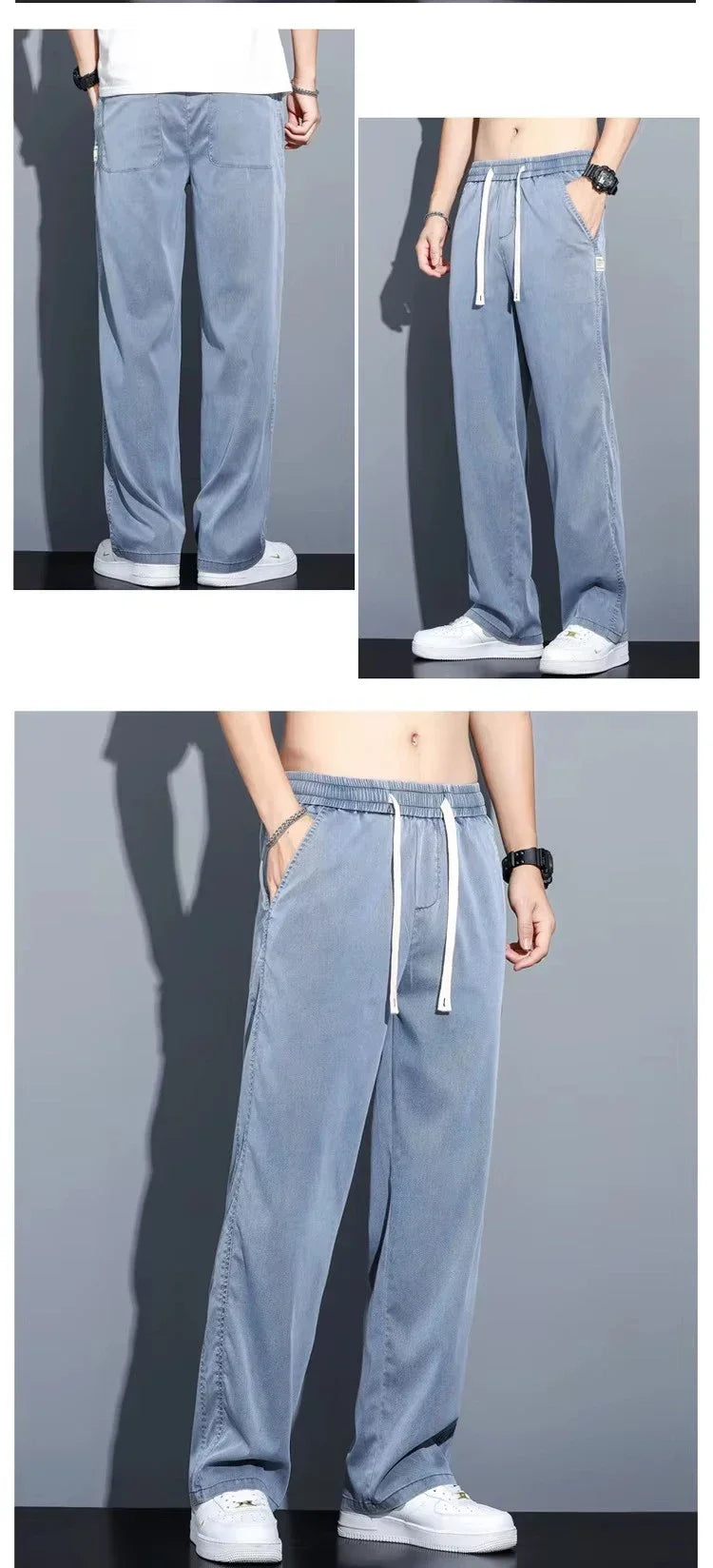 2025 Summer Men's Lightweight Lyocell Jeans – Loose Fit, Straight-Leg Casual Pants with Elastic Waist and Drawstring, Korean Style 