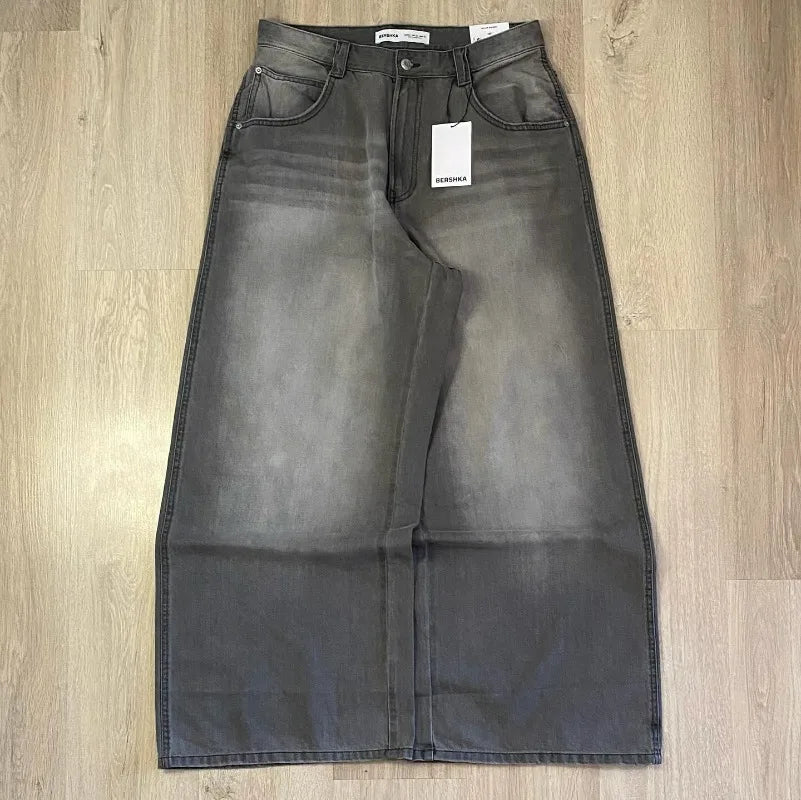 Men's Y2K Streetwear Washed Baggy Jeans – High Waist Wide-Leg Denim Pants in Retro Harajuku Punk Style