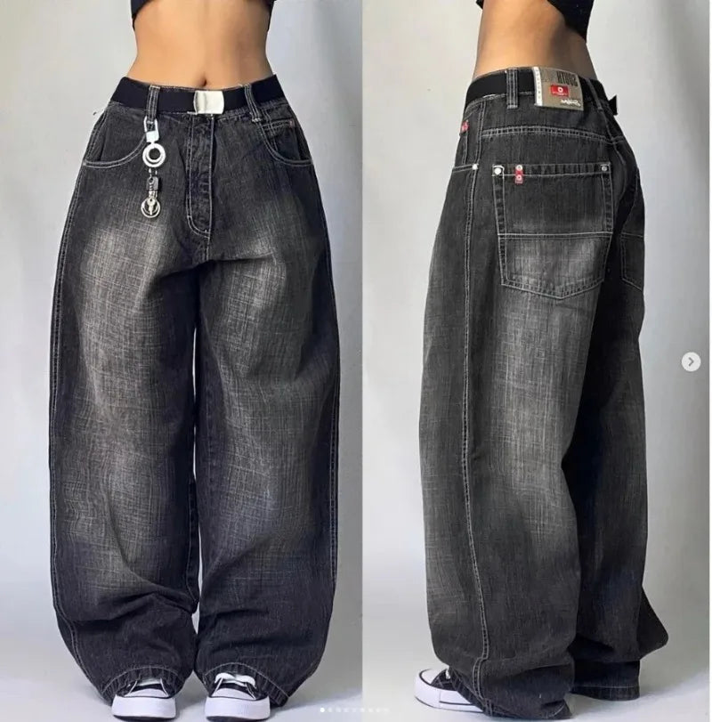 2024 Retro Y2K High-Waisted Straight-Leg Baggy Jeans for Women – Harajuku Street Style Washed Denim with Pockets