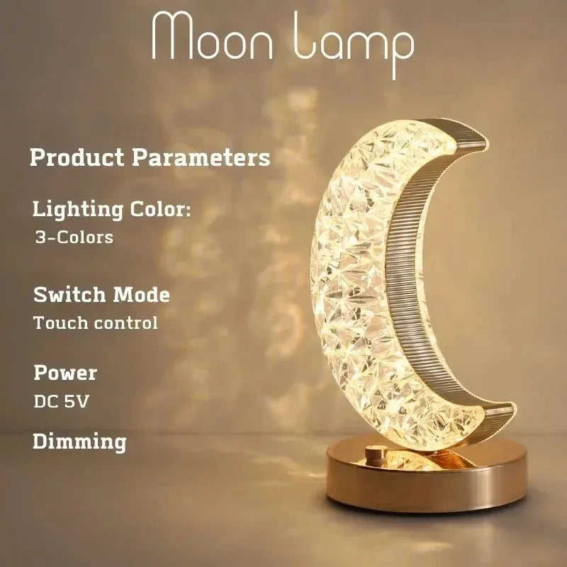 Rechargeable Crystal Touch Dimmable Night Lamp for Bedroom, Girls’ Room, USB LED Ambient Table Light with 3D Moon Design