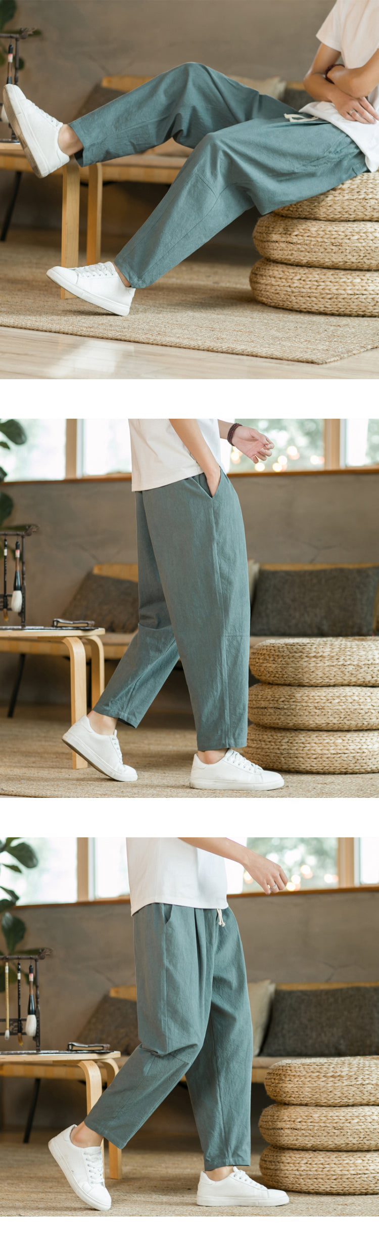 Men's Casual Cotton-Linen Pants – Breathable Loose-Fit Straight-Leg Drawstring Trousers in Solid Colors, Stylish Summer Streetwear