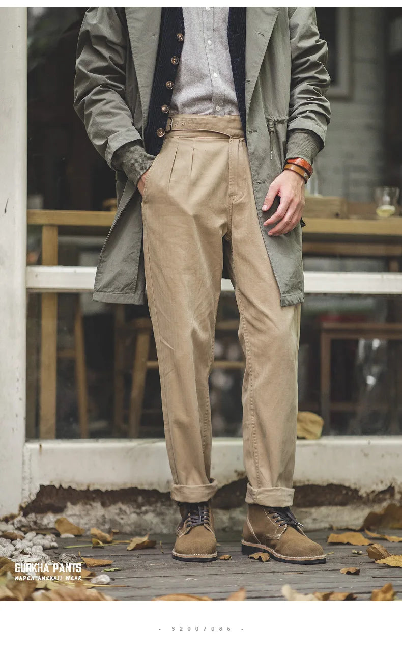 Classic Vintage Khaki Gurkha Pants for Men – Adjustable High Waist Casual Cargo Trousers for Spring and Fall