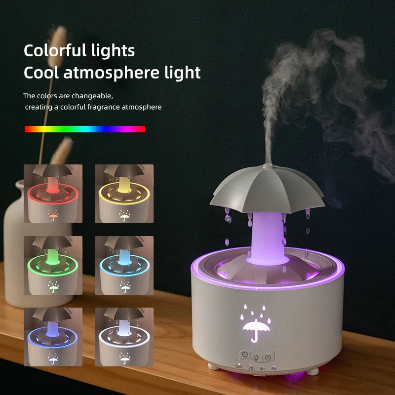 Cloud Rain Aroma Diffuser with Humidifier, Raindrop Design, Remote-Controlled Night Light, Desktop Water Fountain with Soothing Water Drop Sounds for Home Use
