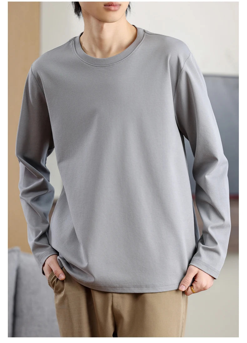 Men's Summer Long Sleeve T-shirt – Solid Color, Round Neck, Casual Style, Made from Mercerized Cotton