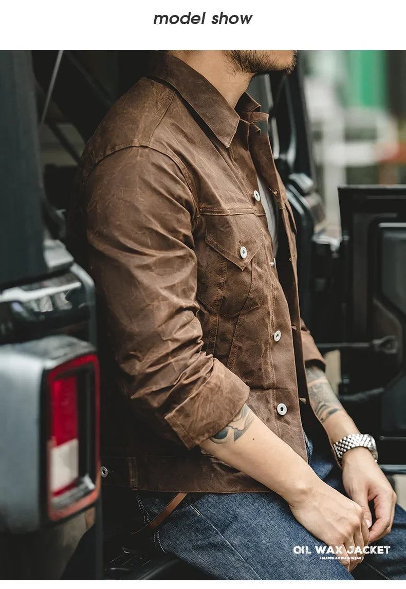 Maden Men's Retro Amekaji Style Oil-Waxed Canvas Jacket – Lightweight Military-Inspired Workwear Coat in Khaki Cotton for Casual and Safari Looks