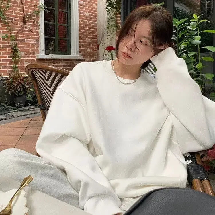 Women’s Pure Cotton White Hoodie – Solid Color, Loose Yet Slim Fit, Perfect for Autumn/Winter 2025, Stylish and Versatile Top