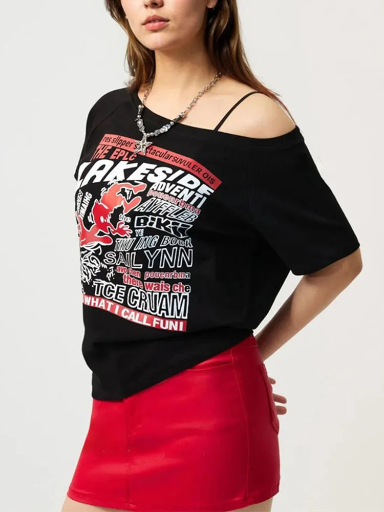 Y2K Off-Shoulder Gothic Crop Tee – Women's Letter Print Punk Streetwear Top, Grunge Aesthetic Harajuku Summer T-Shirt