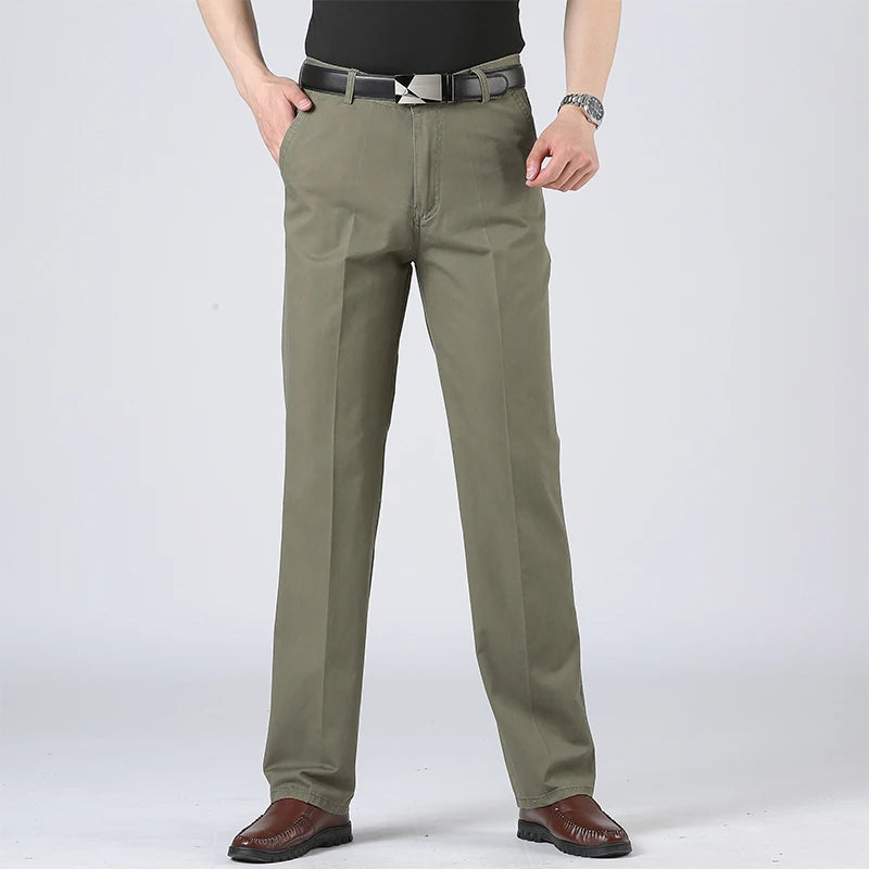 Men's Solid Cotton Straight-Leg Chino Pants – Business Casual Trousers with Belt, Ideal for Autumn & Winter – Classic Formal Style for Adults & Seniors