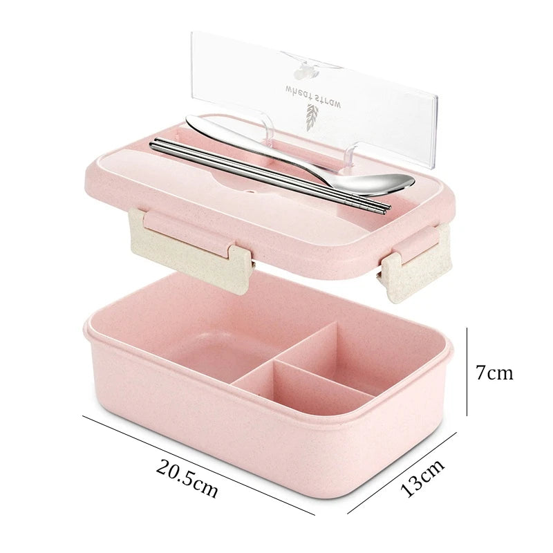 Microwaveable Bento Lunch Box with Spoon & Chopsticks – Wheat Straw Food Container for Kids, School & Office