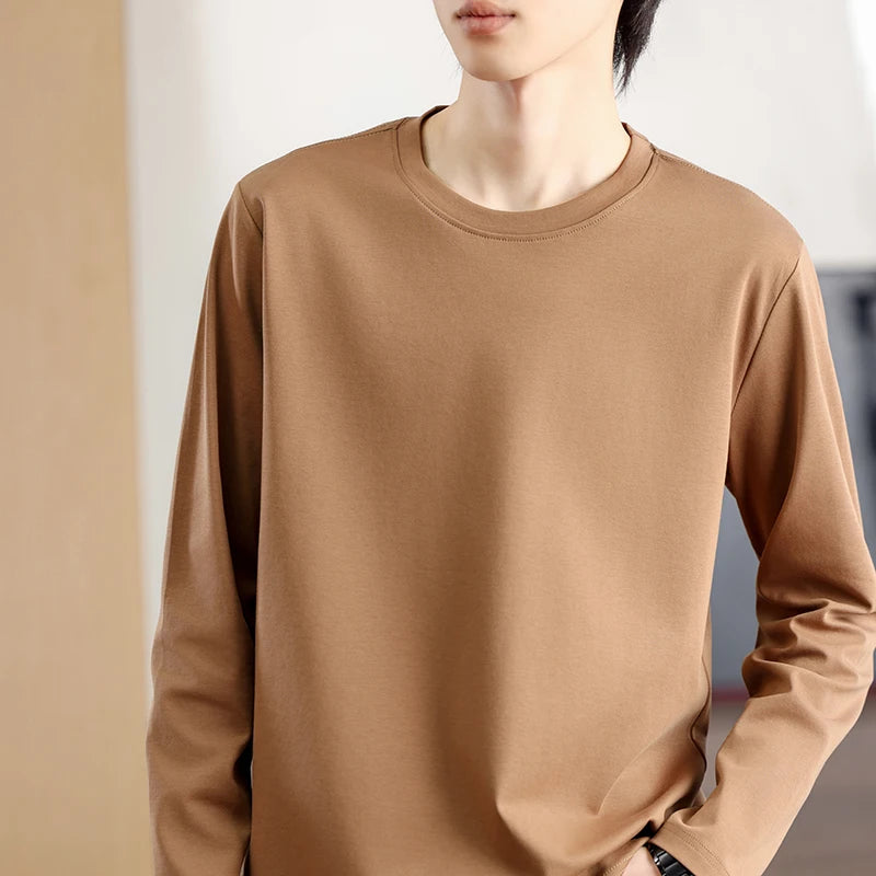 Men's Summer Long Sleeve T-shirt – Solid Color, Round Neck, Casual Style, Made from Mercerized Cotton
