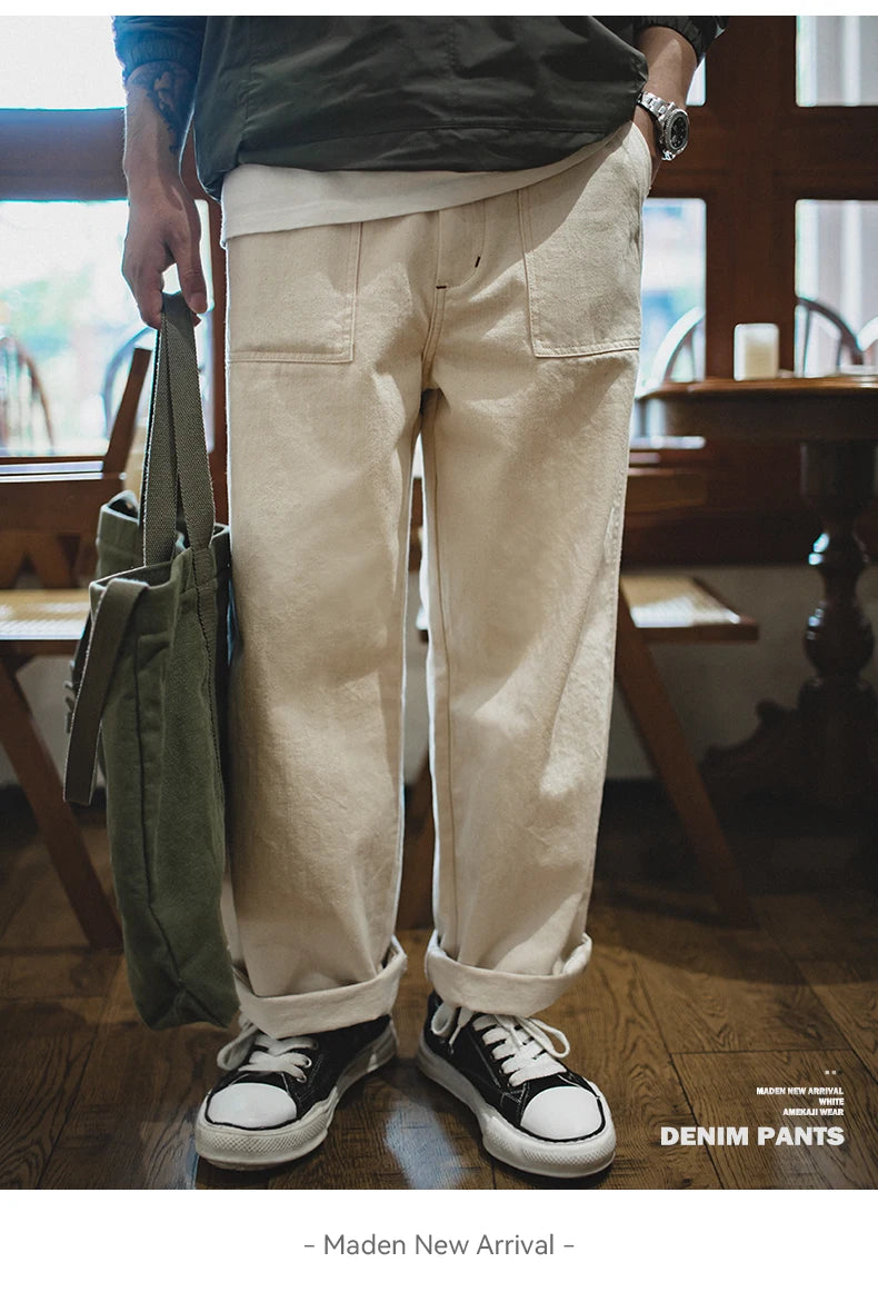 Maden Vintage Style 11.2oz White Cottonseed Hull Loose Straight-Leg Jeans for Men – Casual Spring & Autumn Chino-Inspired Cargo Trousers 