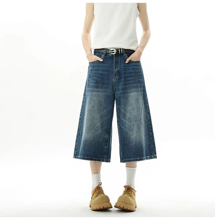 Men's Baggy Denim Shorts – Retro Y2K Casual Wide-Leg Calf-Length Jeans for Summer Streetwear