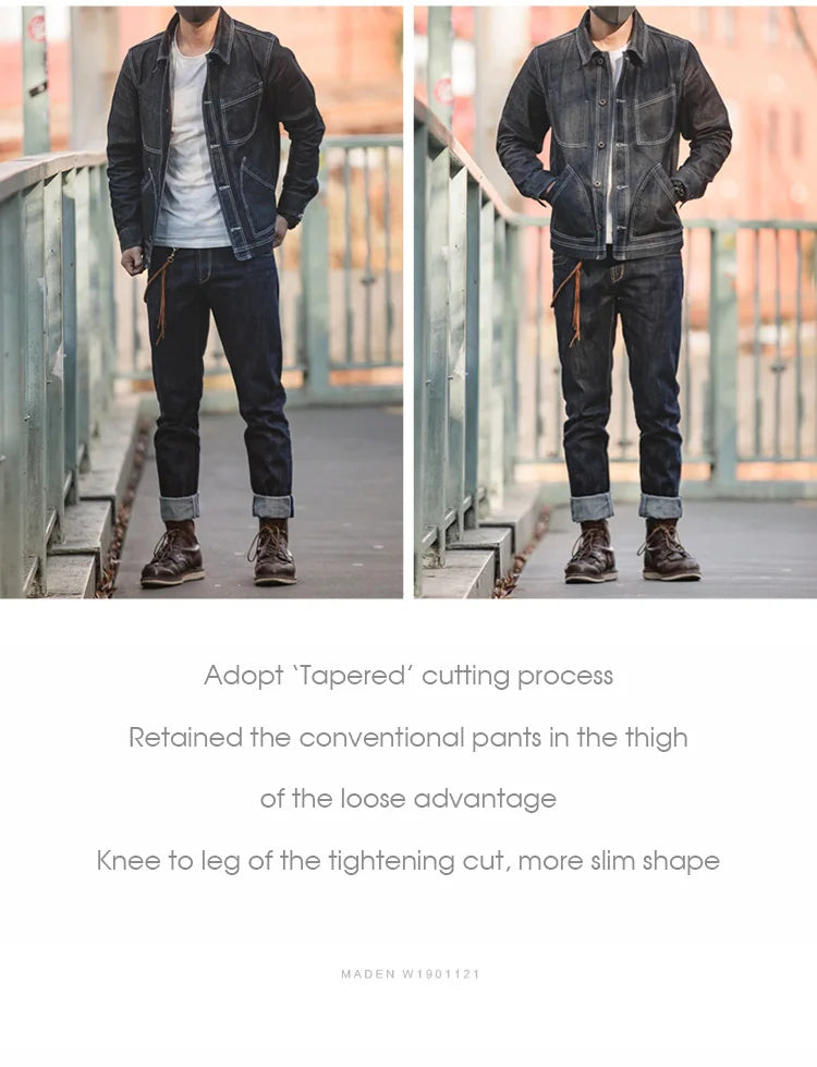 Maden 14oz Raw Selvedge Denim Jeans for Men – Vintage Straight Fit with Horsehide Leather Patch, Paris Buckle Style – Ideal for Spring & Fall