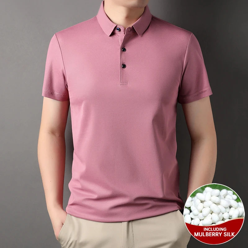 Luxury Summer Men’s Polo Shirt – Premium Plain Design with 4.7% Mulberry Silk, Short Sleeve, Lightweight Casual Fashion Top