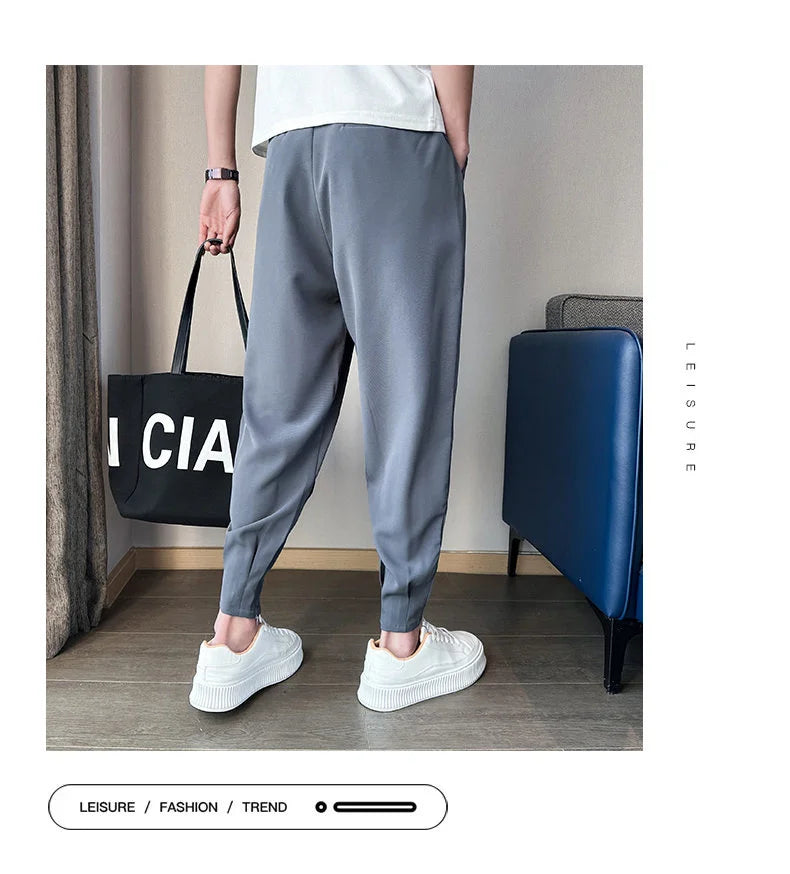 Men’s Spring & Summer Casual Solid Color Ice Silk Trousers — Korean Style Slim Ankle Pants with Zipper Detail, Smooth & Lightweight for a Handsome Look