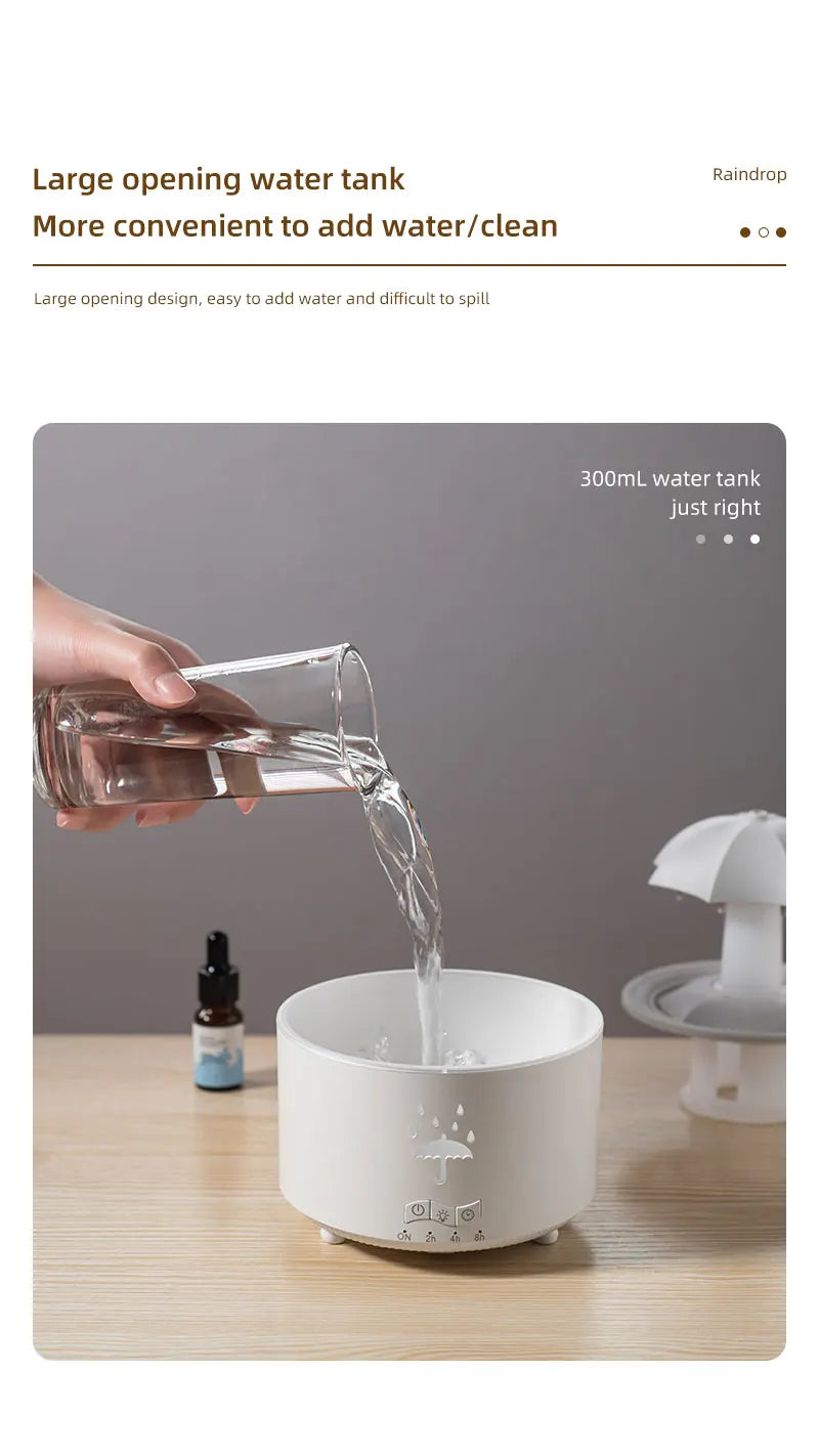 Cloud Rain Aroma Diffuser with Humidifier, Raindrop Design, Remote-Controlled Night Light, Desktop Water Fountain with Soothing Water Drop Sounds for Home Use
