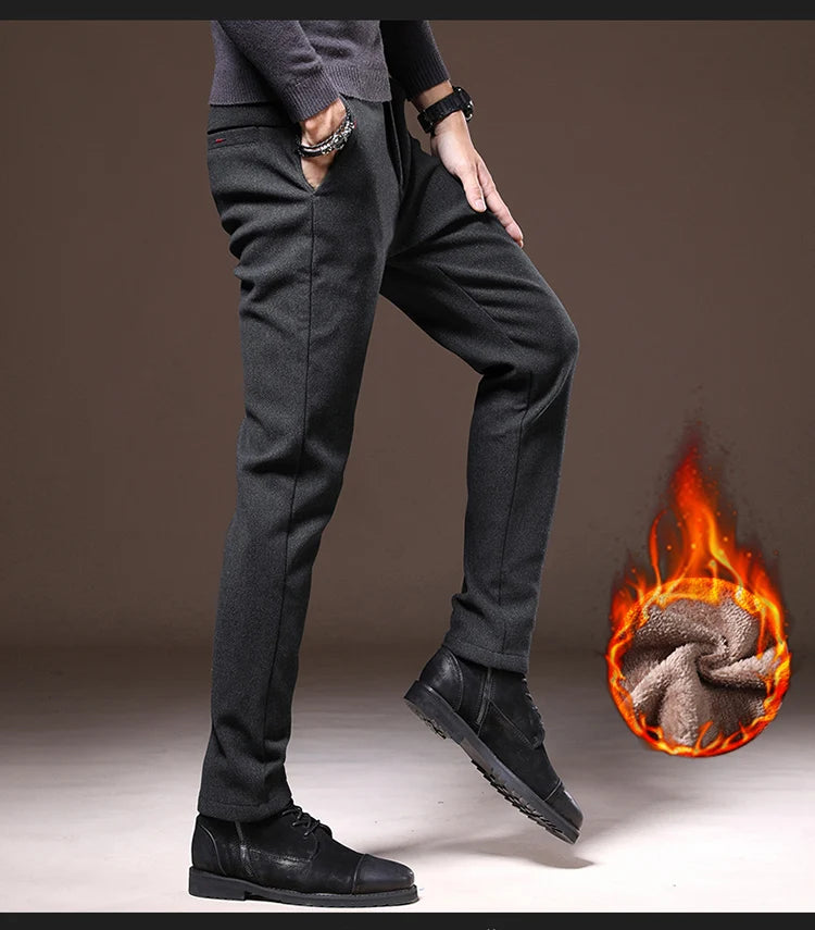 Men's Winter Fleece-Lined Slim Fit Pants – Thick Warm Straight-Leg Casual Business Trousers (Sizes 28-38)