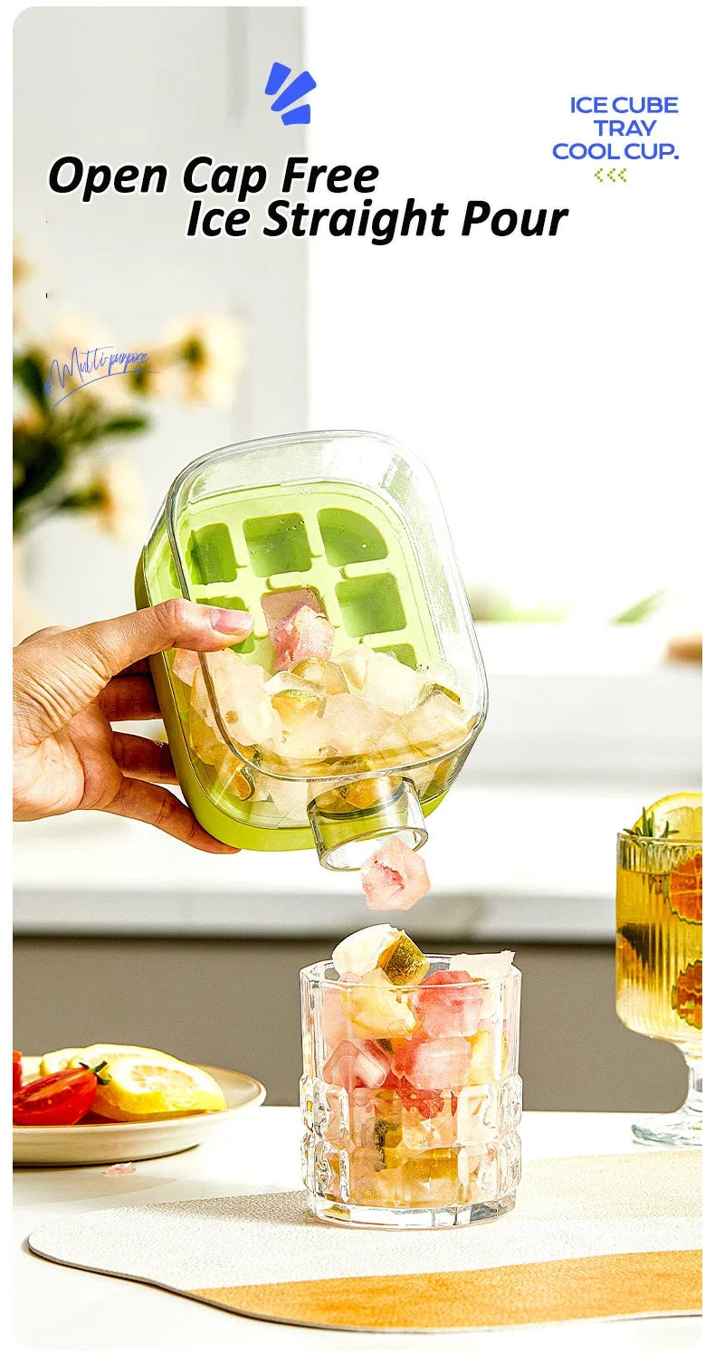No-Spill Ice Cube Tray with Lid – Touch-Free Silicone Ice Mold for Freezer with Straw & Cable Tie
